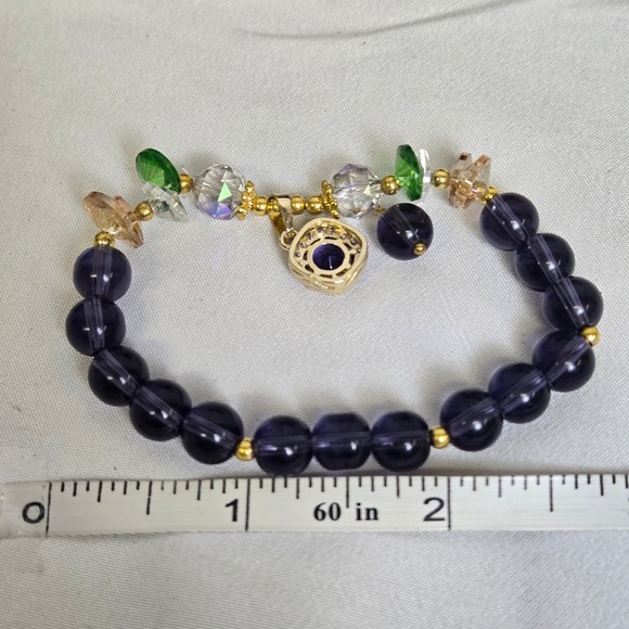 Beaded Stretch Charm Bracelet, Gold Tone/Purple/Green/Clear - Picture 6 of 7
